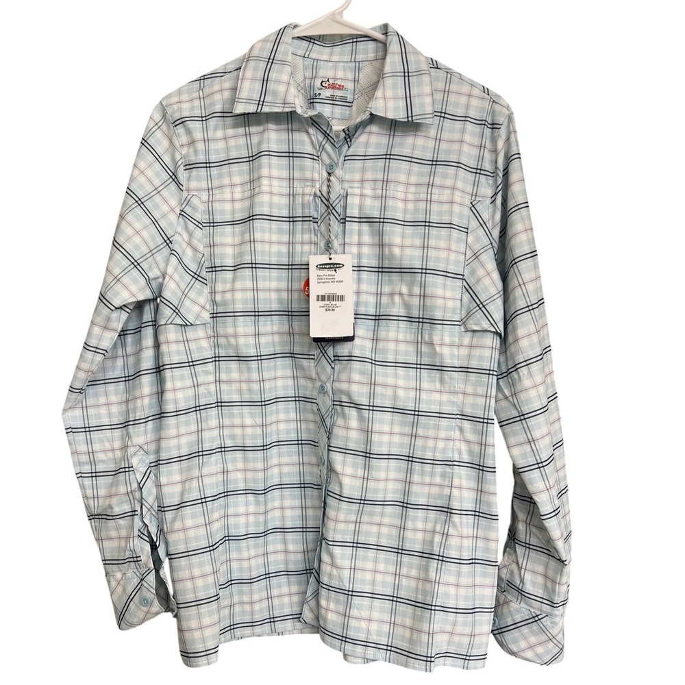 World Wide Sportsman Womens S Fishing Shirt Blue Plaid UPF 50 Vented Long Sleeve
